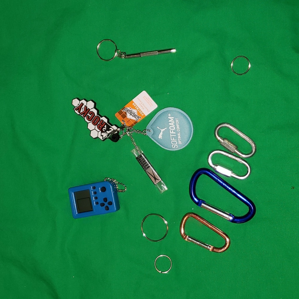 Bundle of Keychains, 4 Carabiners, Mini Game System, Mini Screwdriver, 4 Keyring